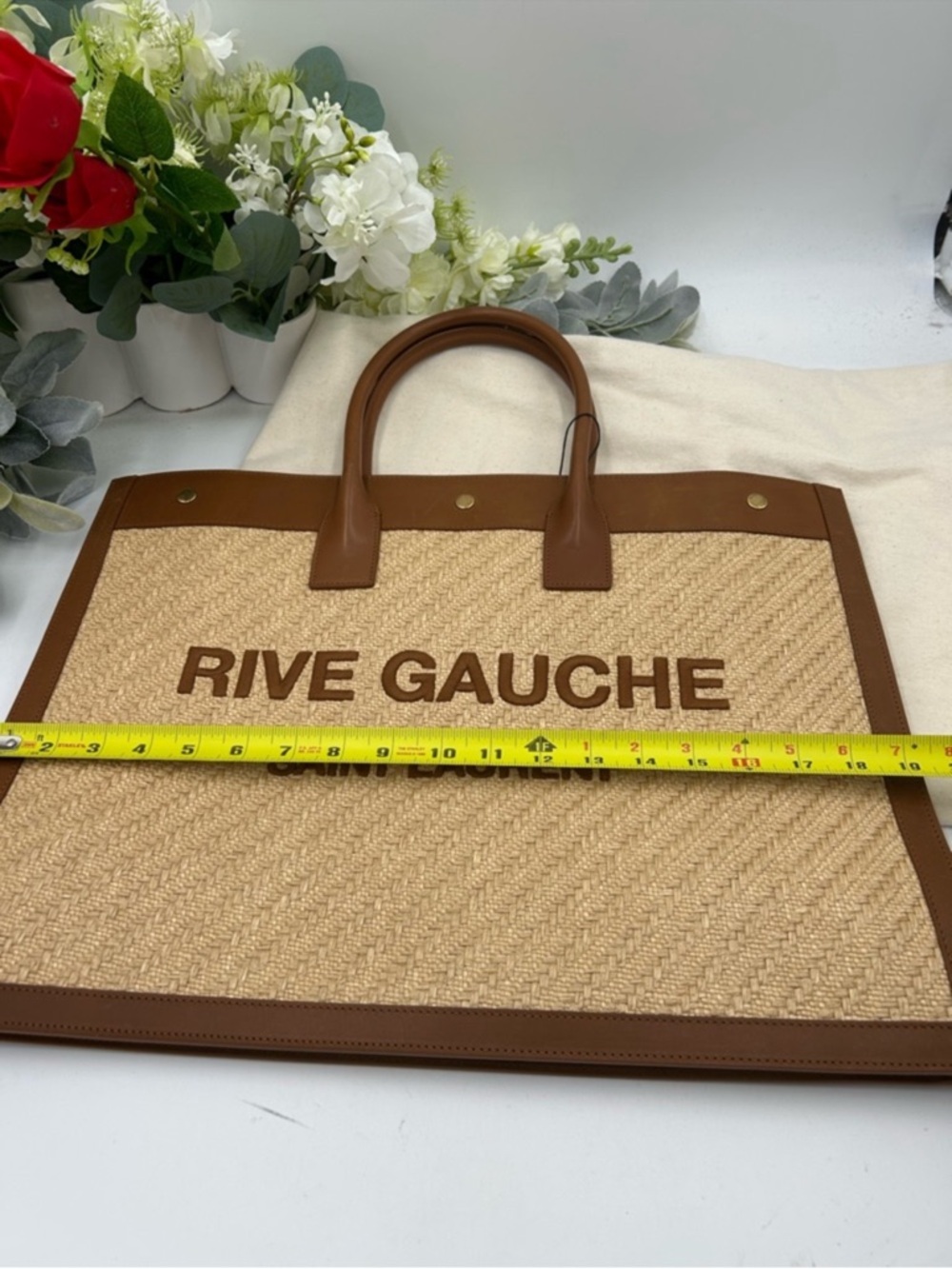 Women’s Saint Laurent RIVE GAUCHE tote bag natural sand, RAFFIAN brick leather - Picture 8 of 15